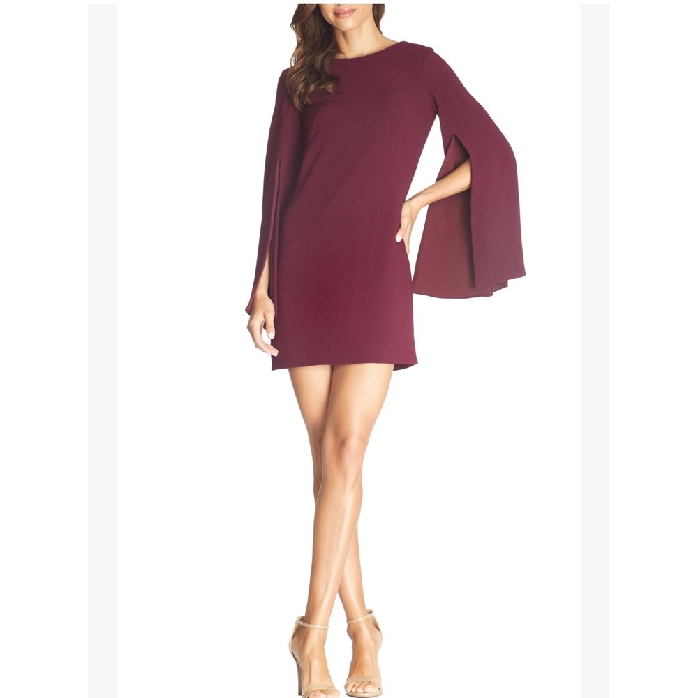 Dress The Population Lillie Dress Womens M Burgundy Slit Bell Sleeve Open Back
